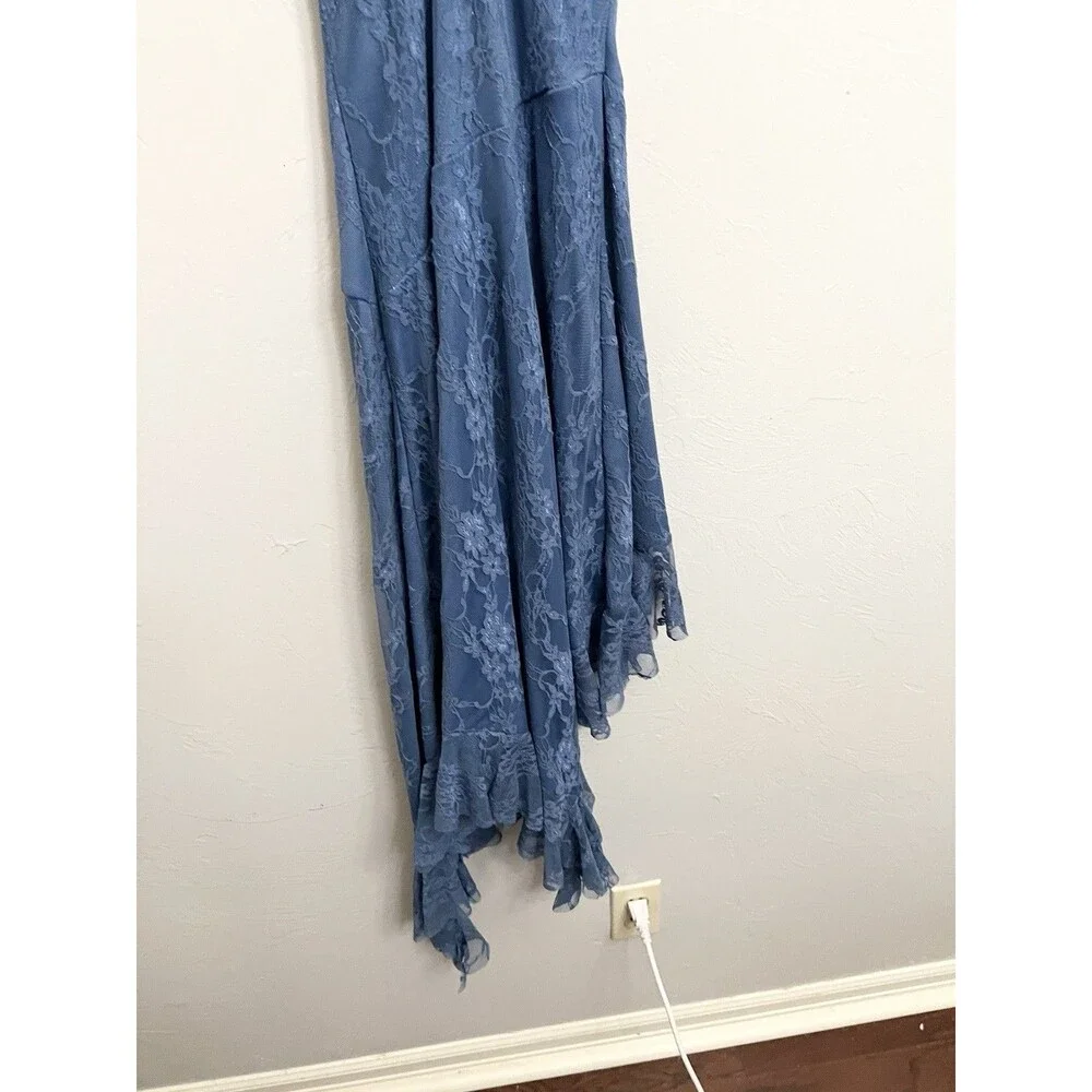 Vintage Y2K Thirty Thirty Dress S Blue Lace Fairycore Hi Low Ruffle Maxi Mesh